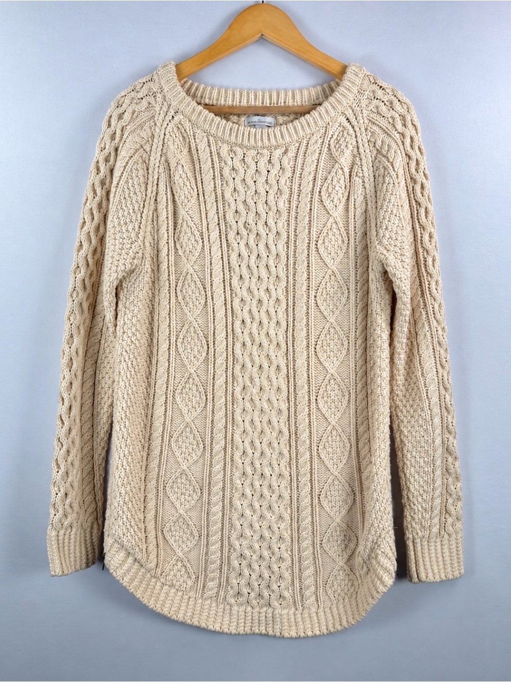 LL Bean Signature Sweater S Cream Cable Knit Cotton Fisherman Side Zip